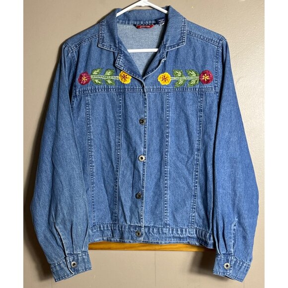 Agapo Denim Jacket Blue Embroidered Lightweight Jean Boho Cottage Casual Women L - Picture 11 of 11
